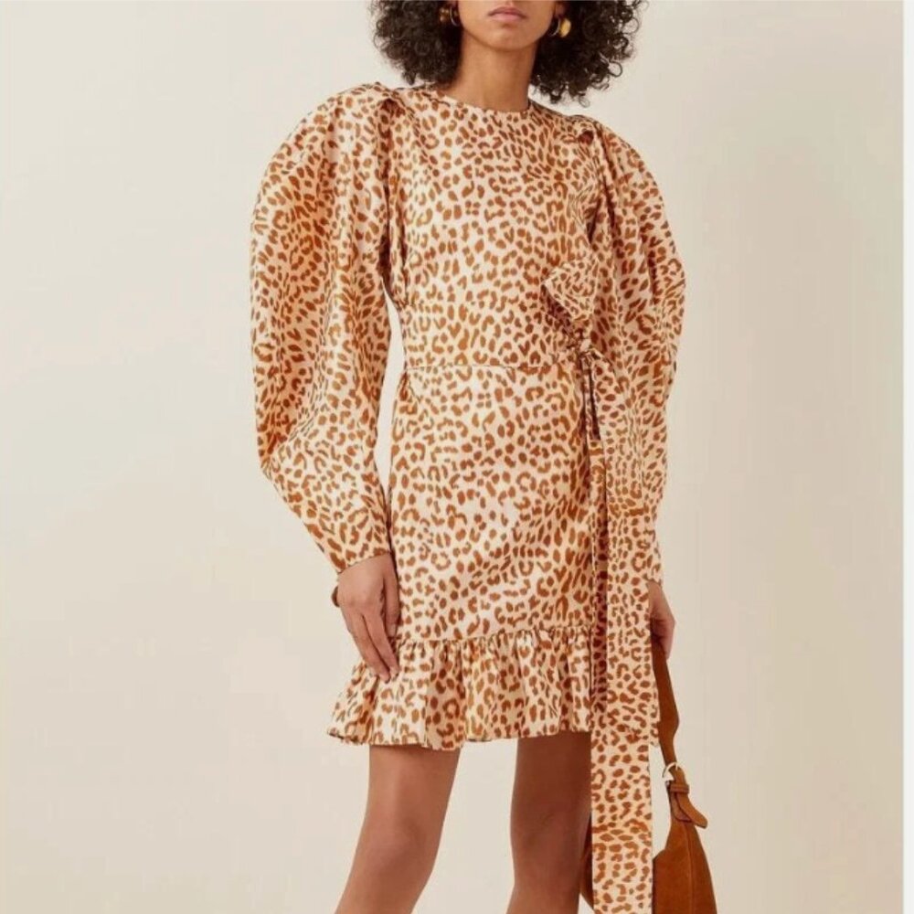 ULLA JOHNSON Rosaria Dress in Tan Cheetah Print Silk Sz 12 Like New